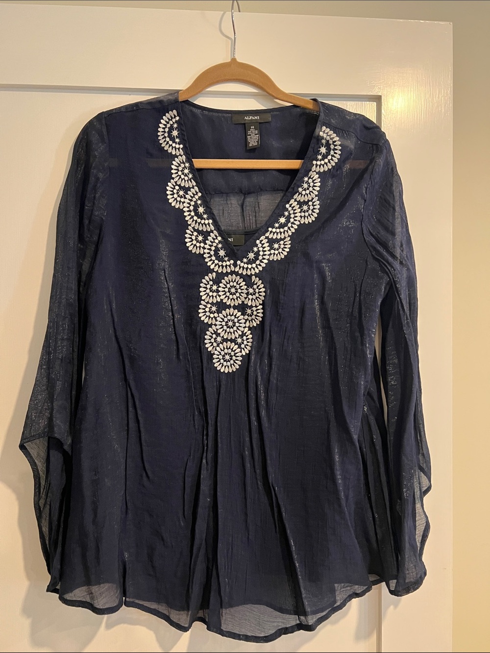 Alfani Navy V-Neck Tunic with Silver Beaded Embroidery